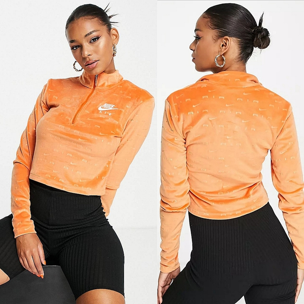 ☆Nike Air Orange Spice All Over Logo Quarter-Zip Velour Long Sleeve Top☆